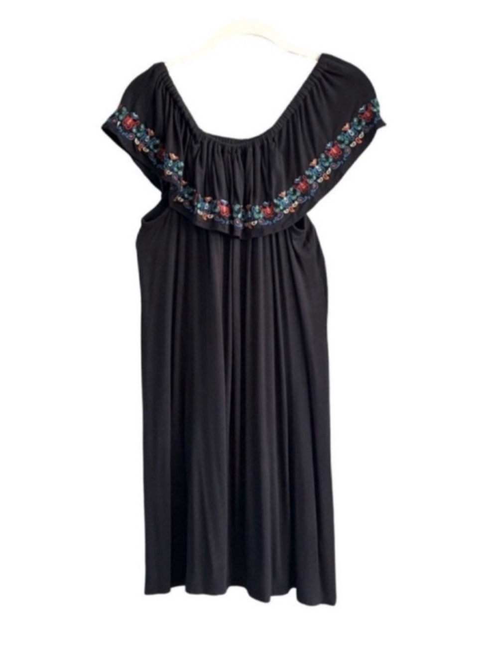 Madison Grey Sleeveless Dress Embroidered Ruffle Neck Jersey Shift Black Size L